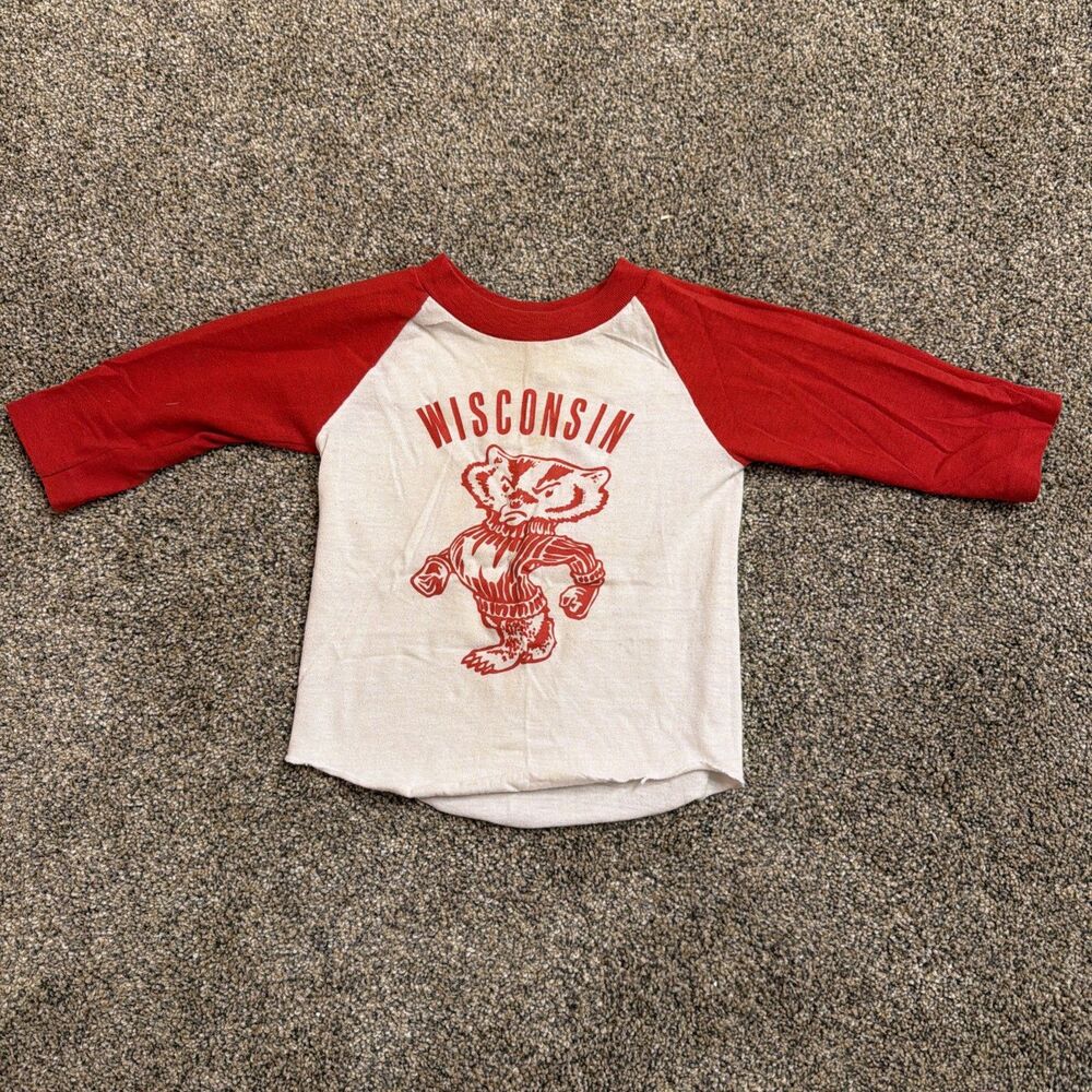 VTG 80s Wisconsin Madison Bucky Badgers Baseball T-Shirt Youth Kids Size 2-3